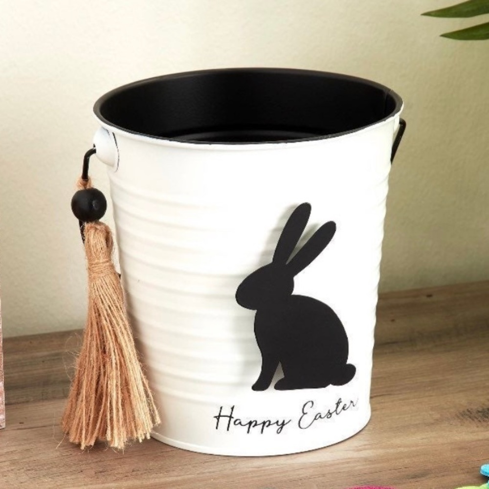 Happy Easter Bunny Metal Farmhouse Decorative Bucket Basket with Tassel NWT